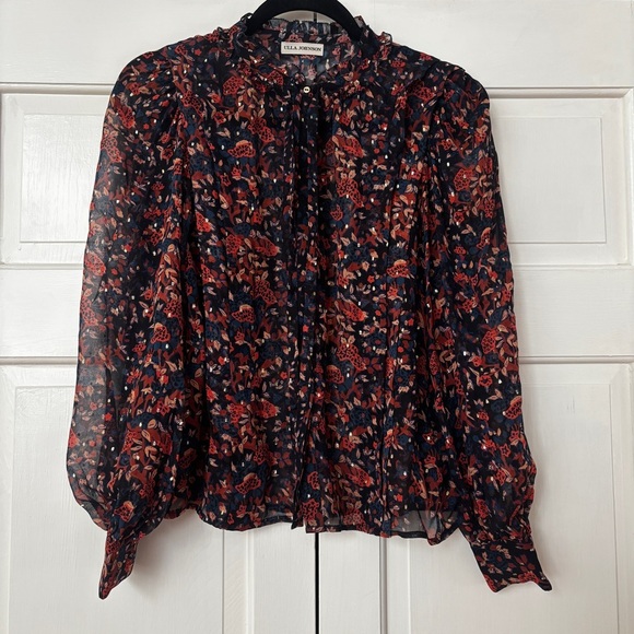 Ulla Johnson Silk Floral Long Sleeve Metallic Edith Blouse Size 2 Small Navy Top - Picture 4 of 16